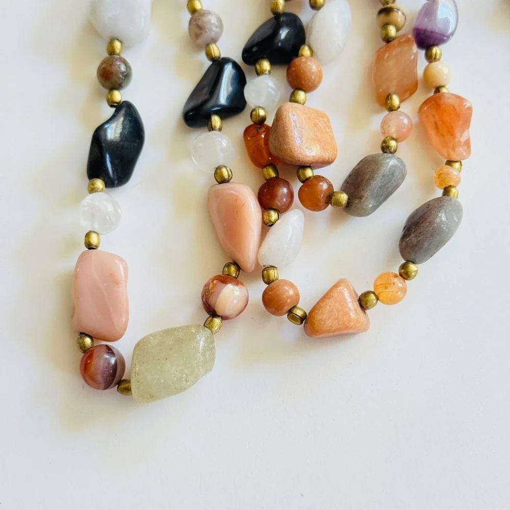 VTG NECKLACe carnelian quartz jasper Beggars round‎ Beads Natural Hippie 34